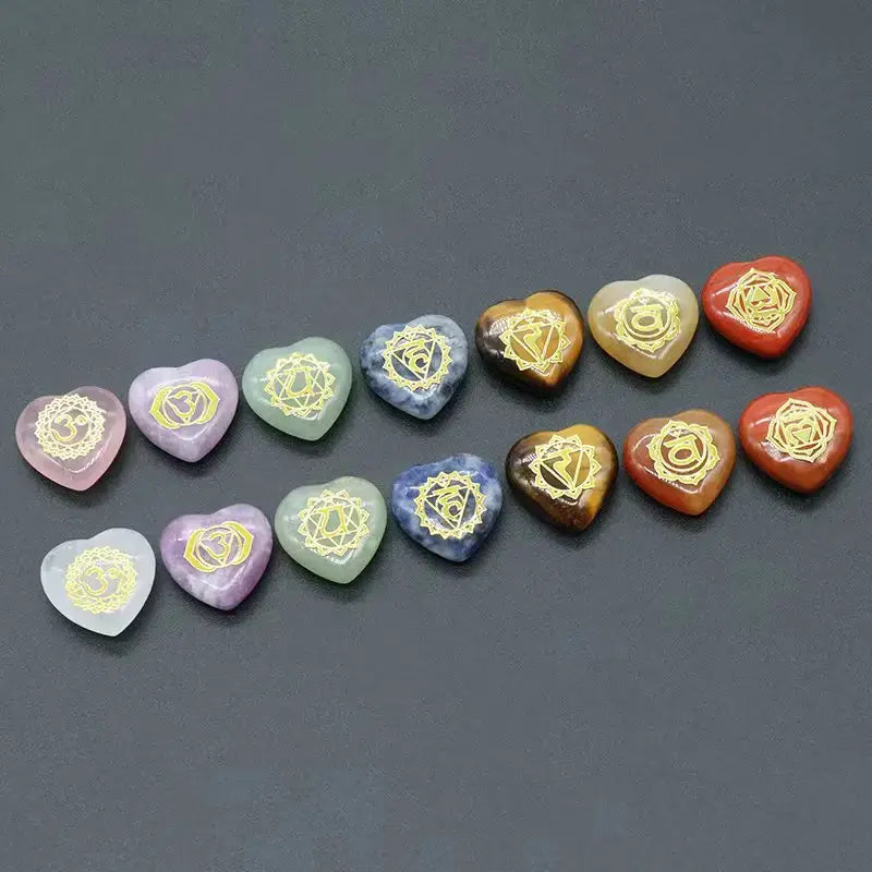 7Pcs Heart Chakra Natural Crystal Stones Quartz Set Engraved Symbols Yoga Stone for Jewelry Making Reiki Healing Meditation