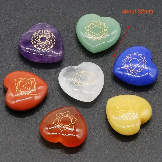 7Pcs Heart Chakra Natural Crystal Stones Quartz Set Engraved Symbols Yoga Stone for Jewelry Making Reiki Healing Meditation